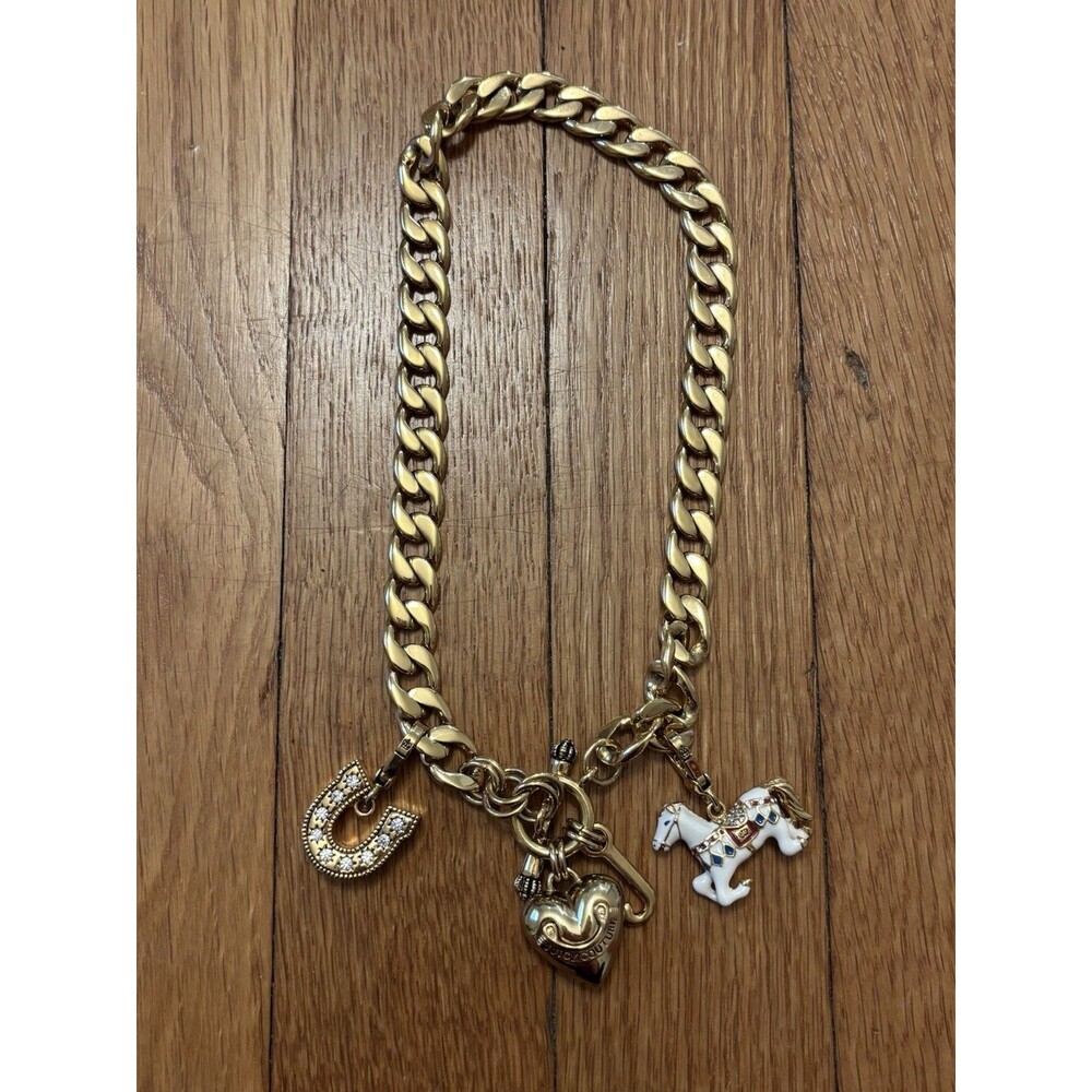 Juicy Couture Gold Heart Logo Charm Toggle Necklace Y2K Carousel Horse Horseshoe